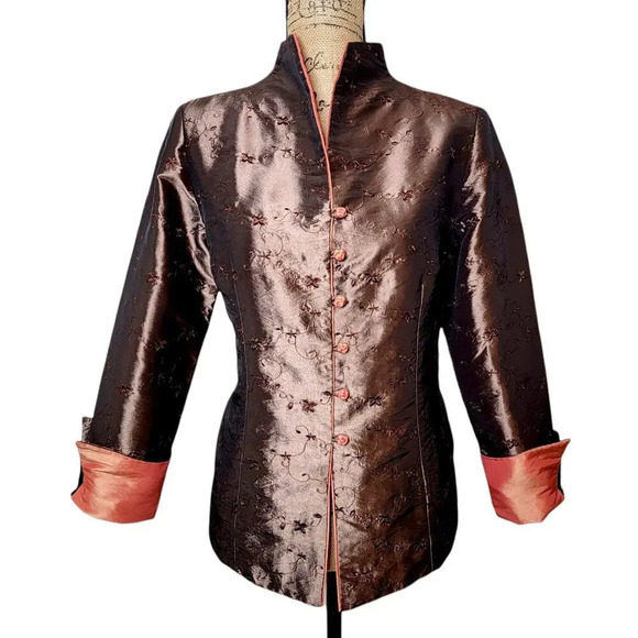 Asian Bronze Satin Women's Oriental Lined Jacket Imperial Inspired Size Medium - Picture 1 of 15